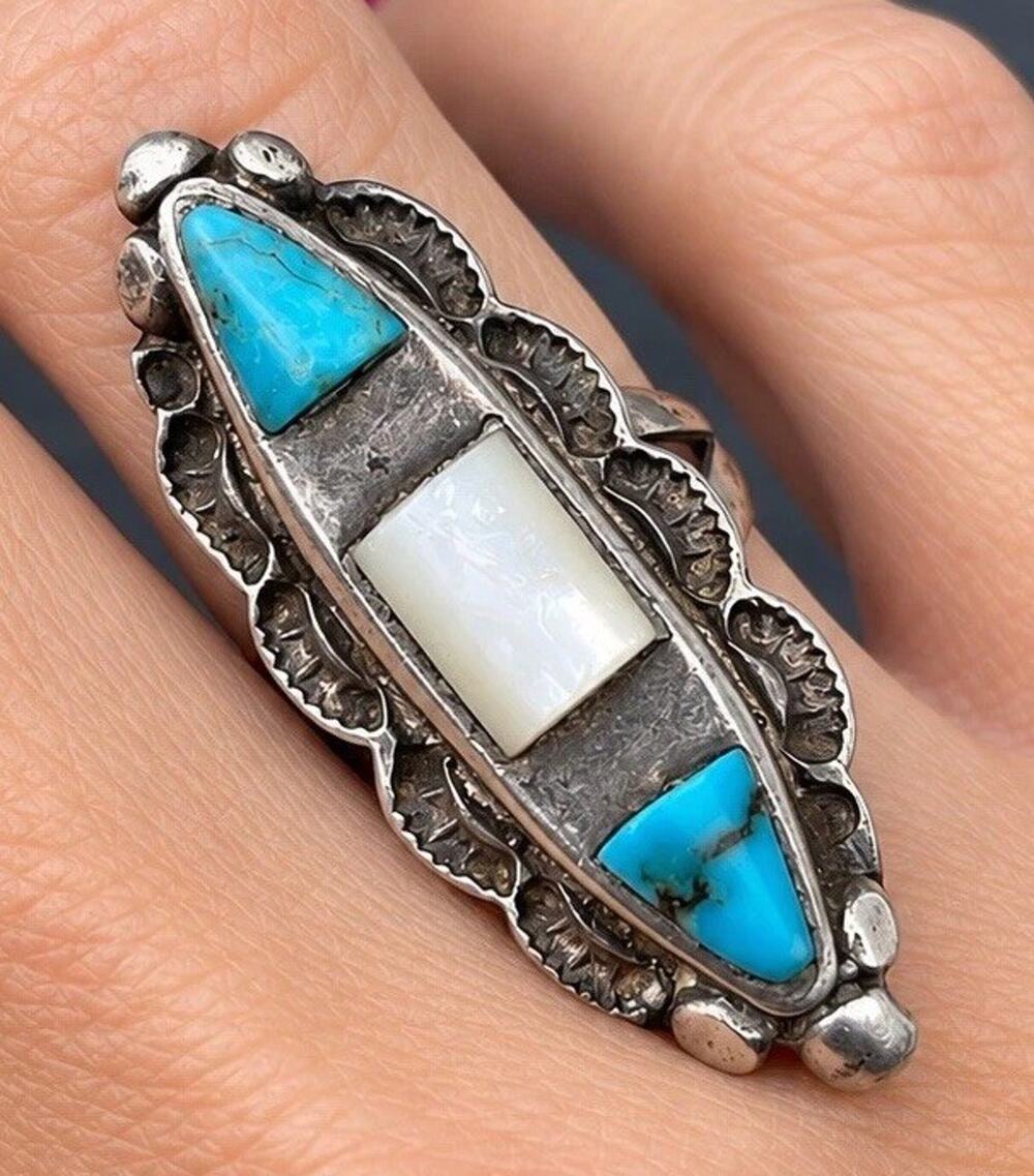 Vintage Navajo Sterling Silver Turquoise Mother of Pearl Inlay Ring Size 6.5